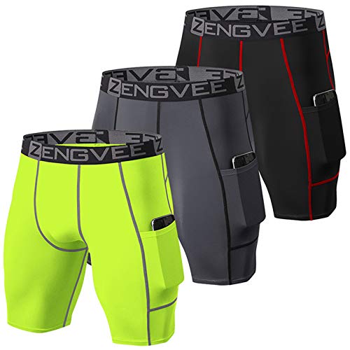 ZENGVEE 3 Piezas Mallas Cortas Hombre Running Pantalones Cortos Hombre de Mallas para Deporte, Fitness, Gym(Black Grey Yellow-XL)