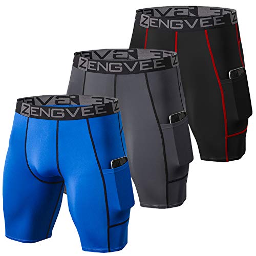 ZENGVEE 3 Piezas Pantalones Cortos Hombre Deporte de Secado Rápido para Running Hombres Deporte para Gym, Yoga, Running(Gray Black Blue-L)