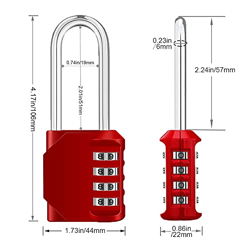 ZHEGE Candado de combinación de grillete largo, 4 dígitos combinados Locker Candados para gimnasio, resistente al aire libre para puerta, puerta, cobertizo, envase, rojo