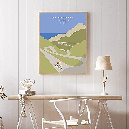 ZHJJD Cuadro En Lienzo para Montar En Bicicleta Deportiva PóSter Retro E Impresiones Paisaje De Viaje Arte De Pared Cuadro De Ciclista De Mallorca para Decoracion De Salon De Estar 60x80cm Sin Marco