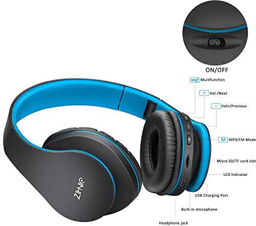 Zihnic Auriculares Bluetooth Inalambricos, Cableados con Micrófono Plegables Estéreo Cascos Inalambricos Bajos Profundos para TV/PC/Teléfonos Celulares, Diadema con Orejeras Confortables …