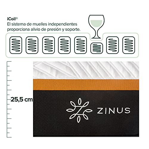 Zinus Colchón Híbrido Adaptive de Muelles Interiores Ensacados Con Enfriamento de Cobre, 90x190 cm, Altura 25 cm, Funda Transpirable, Espuma Refrescante, Aislar el Movimiento, Certificación OEKO-TEX