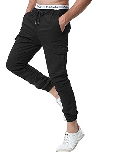 ZOEREA Pantalones Hombre Casuales Deporte Elásticos Joggers Largos Pants con Bolsillos Algodón Slim Fit Cargo Trouser de Hombres Negro, M