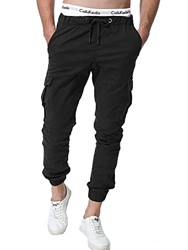 ZOEREA Pantalones Hombre Casuales Deporte Elásticos Joggers Largos Pants con Bolsillos Algodón Slim Fit Cargo Trouser de Hombres Negro, M