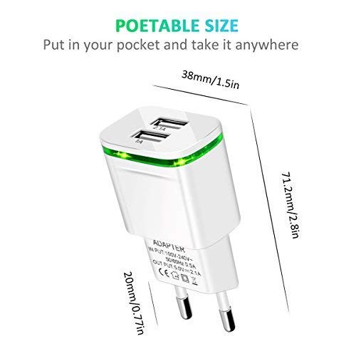 1 Cargador USB, 2.1A 5V Universal Doble Puertos Corriente Enchufe Móvil de Pared Valido para iPhone 13 X XS/XS MAX XR Plus SE 2021 5S, Samsung Galaxy, Xiaomi, Huawei