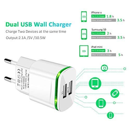 1 Cargador USB, 2.1A 5V Universal Doble Puertos Corriente Enchufe Móvil de Pared Valido para iPhone 13 X XS/XS MAX XR Plus SE 2021 5S, Samsung Galaxy, Xiaomi, Huawei