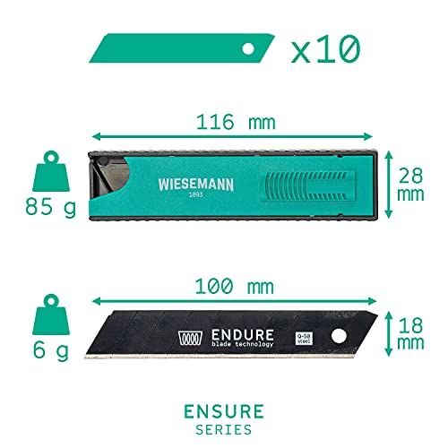 10 cuchillas de corte 100 x 18 x 0,5mm de WIESEMANN 1893 I Estandarizadas para todas las cuchillas comunes I De la serie ENDURE I Con práctica caja I 81598