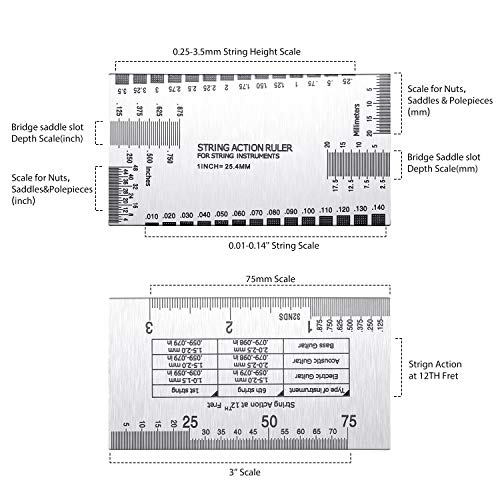 10 Herramientas de Luthier Incluyen 9 Medidores de Radio de Subcadena y 1 Regla de Calibre de Acción de Cadena Herramienta de Medición para Guitarra Bajo Herramienta de Reparación de Configuración