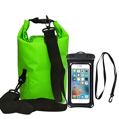 10L Waterproof Drying Bag, Adjustable Shoulder Strap Water Drifting Bucket Bag + Oversized Waterproof Phone Case, Suitable For Kayaking /Boating / Canoeing / Fishing(Verde)