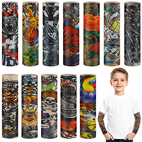 12 Mangas de Tatuaje de Brazo para Niños Manga de Tatuaje Falso Manga de Tatuaje Temporal Mangas de Brazo de Protección Solar con Patrones de Tribal Dragón Cráneo (Patrón Rico)