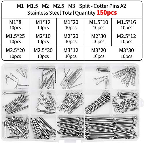 150 Piezas Pasadores Partidos Pasador Chaveta Partida de Acero Inoxidable M1 M1.5 M2 M2.5 M3 Pin de Chaveta pernos de chaveta para Automoción Mecánica Garaje Taller con Una Caja Plástica