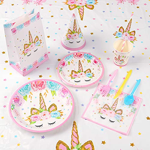 176 pzas Kit Cumpleaños Unicornio para niñas Platos Desechables Vasos Pajitas Servilletas Mantel Gorro Bolsas Guirnalda Fondo Fotografía Globos Fiesta Decoración Cumpleaños Unicornio 16 Invitados