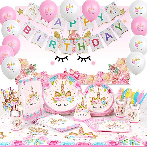 176 pzas Kit Cumpleaños Unicornio para niñas Platos Desechables Vasos Pajitas Servilletas Mantel Gorro Bolsas Guirnalda Fondo Fotografía Globos Fiesta Decoración Cumpleaños Unicornio 16 Invitados