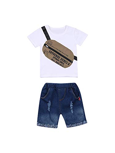 2 Piezas Traje Deportivo Verano de Bebé Niño Chándal Conjunto de Camiseta de Manga Corta con Cuello Redondo y Patrón de Bolsillo + Vaqueros Cortos para Chicos Pequeños (Blanco, 1-2 Años)