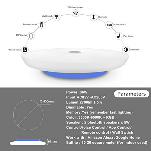 36W Φ40cm Plafón Led Lampara Compatible Con Amazon Alexa Google Assistant WIFI Lampara Techo Led Musica Con Bluetooth Altavoz y Mando y Regulable Cambia De Color Para Dormitorio Cocina Cuarto De Baño