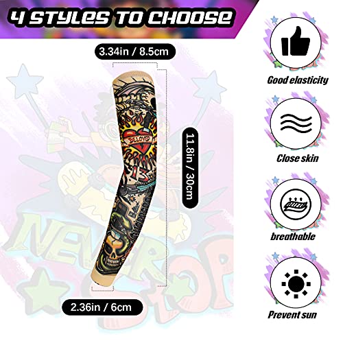 4 Piezas Mangas de Tatuaje Temporal de Nailon Falsa Mangas de Tatuaje Falsas Elásticas con Estilo Mangas de Brazo de Protección UV al Aire Libre para Halloween, Fiesta de Carnaval