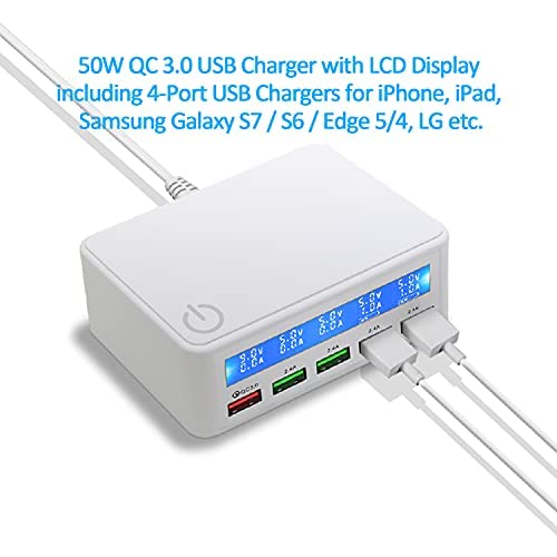 50W Estaciones de Cargador USB Carga Rapida con Quick Charge 3.0 y 4 Puertos de Cargador Móvil Rapido para iPhone XR/Xs/X/8Plus/ 8, iPad, Samsung Galaxy S10/S9/S8+/Note 8/Huawei/Xiaomi etc Blanco