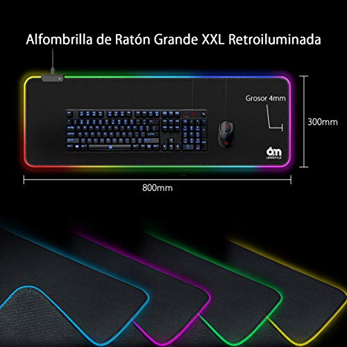 6amLifestyle Alfombrilla de Ratón Ordenador Gaming RGB Grande XXL 800*300*40 mm Ergonomica y LED Optico Alimentado por USB, 10 Modos de Iluminación, Base de Goma Antideslizante [Garantía de 12 Meses]