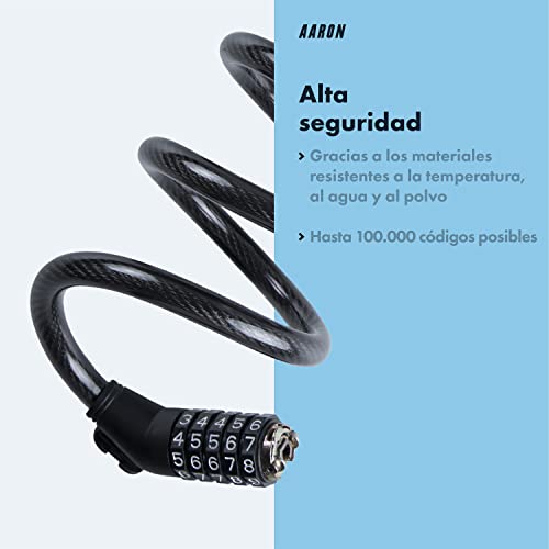 Aaron Candado de Bicicleta Spin con código numérico de 5 dígitos, Cable de Acero de Alto Nivel de Seguridad, candado para Bicicleta eléctrica, Bicicleta de Carretera, Negro