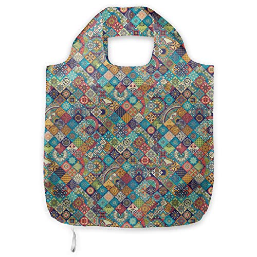 ABAKUHAUS bohemio Bolsa Reutilizable Plegable para Compras, cuadros Folk, de Tela con Estampa Digital Colores Durables Lavable, Multicolor