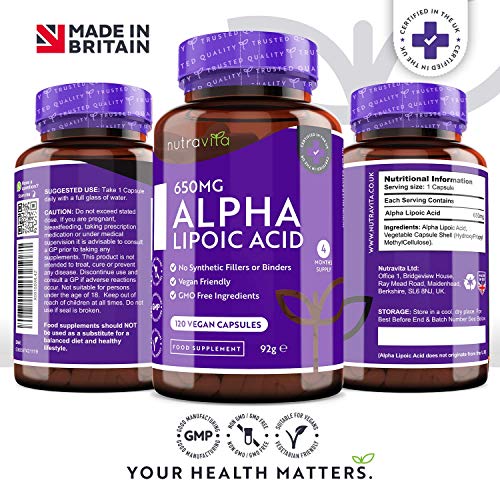 Ácido alfa lipoico 650 mg – 120 cápsulas de alta potencia para veganos – 100% naturales, sin agentes aglutinantes ni rellenos sintéticos – Suministro para 4 meses – Elaborado por Nutravita