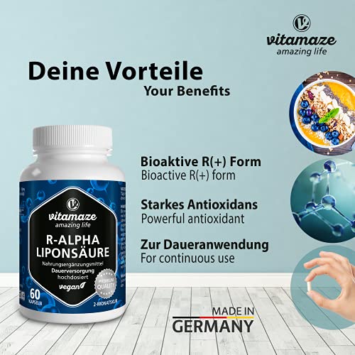 Ácido Alfa Lipoico Capsulas, 200 mg por Capsula, Vegano, 60 Capsules para 2 meses, Forma Natural de Ácido Tióctico, Suplemento Alimenticio sin Aditivos Innecesarios