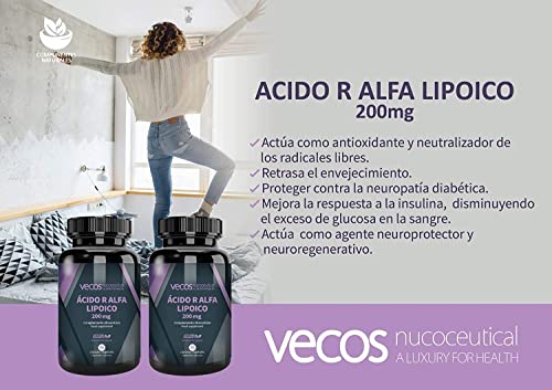 Ácido R alfa lipóico Vecos para ayudar a regular los niveles de azúcar en sangre y a disminuir la resistencia a la insulina – Propiedades antioxidantes para combatir los radicales libres – 90 cápsulas