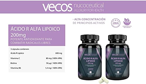 Ácido R alfa lipóico Vecos para ayudar a regular los niveles de azúcar en sangre y a disminuir la resistencia a la insulina – Propiedades antioxidantes para combatir los radicales libres – 90 cápsulas