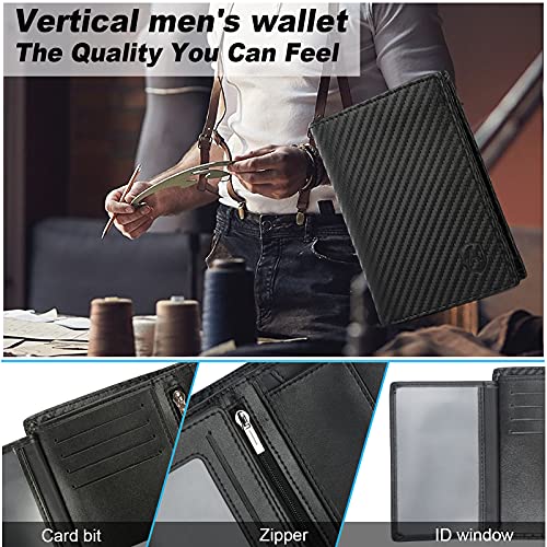 ACKY Cartera Hombre, Billetera Hombre de Cuero de Fibra de Carbono con RIFD Bloqueo, 9 Ranuras para Tarjetas(2 ID Ventana), 2 Ranuras para Billetes, 2 Bolsillo para Monedas, Regalo para Hombres