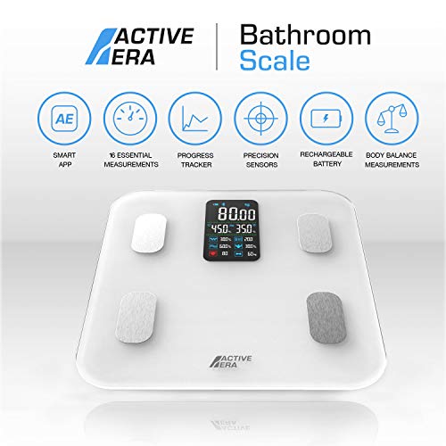 Active Era Báscula de Baño Inteligente Digital Bluetooth con Carga USB, 16 Medidas de Análisis, Grasa Corporal (IMC), Muscular y Frecuencia Cardíaca. Aplicación Gratuita y Compatible con Otras App