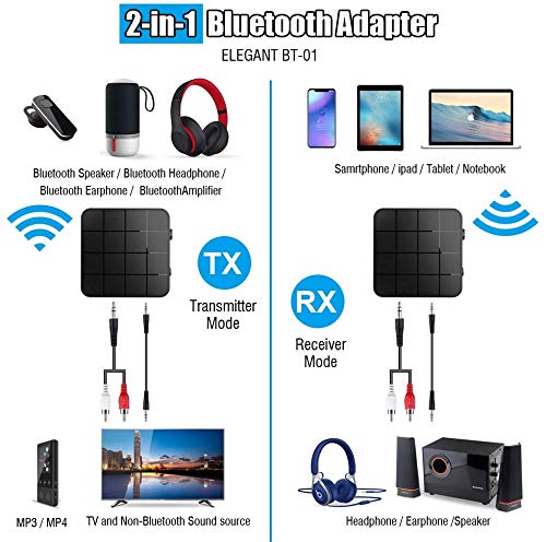 Adaptador Bluetooth transmisor receptor Bluetooth 5.0 2 en 1 adaptador Bluetooth mini portátil RCA & 3,5 mm AUX compatible con sonido HD de baja latencia para PC, TV, smartphone, tablet