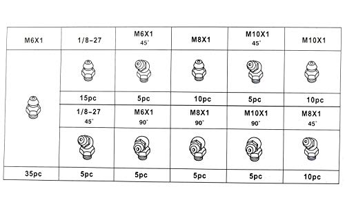 AERZETIX - Juego de 110 engrasadores - Kit de Surtido de boquillas de engrase hidráulicos métricos M6,M8,M10/45, 90º - Racor de lubricación hidráulica 11 tamaños Rectos y angulares - C47248