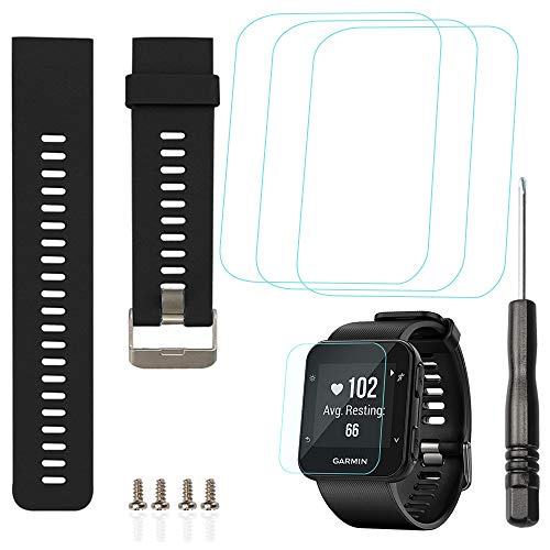 AFUNTA Reemplazo Banda de silicona y 3 PCS Protector de pantalla de cristal Compatible Reloj inteligente Garmin Forerunner 35, Correa de pulsera y Película antirrayas para 3 PCS - Negro