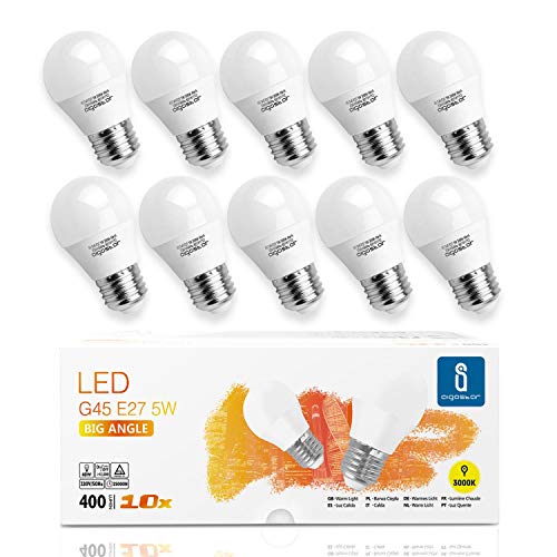 Aigostar -10 x Bombilla LED E27, Casquillo gordo 5W, Bajo consumo, 400lm, Luz calida 3000K, Ahorro de energía, no regulable - Caja de 10 unidades