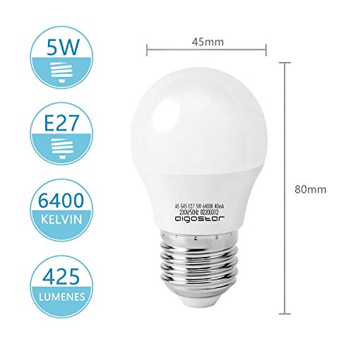 Aigostar -10 x Bombilla LED E27, Casquillo gordo 5W, Bajo consumo, Luz Fría 6400K, 425 lm, Ahorro de energía, CRI> 80, ángulo de apertura 230º, no regulable - Caja de 10 unidades