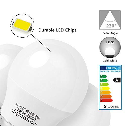 Aigostar -10 x Bombilla LED E27, Casquillo gordo 5W, Bajo consumo, Luz Fría 6400K, 425 lm, Ahorro de energía, CRI> 80, ángulo de apertura 230º, no regulable - Caja de 10 unidades