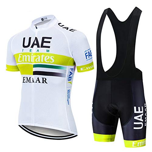 AJL Maillot de Ciclismo de Verano de Manga Corta para Hombre UAE Team Amarillo,Pro Road Mountain Bike Racing Club Maillot de Ciclismo al Aire Libre,Conjunto de Ciclo compresión Secado rápido