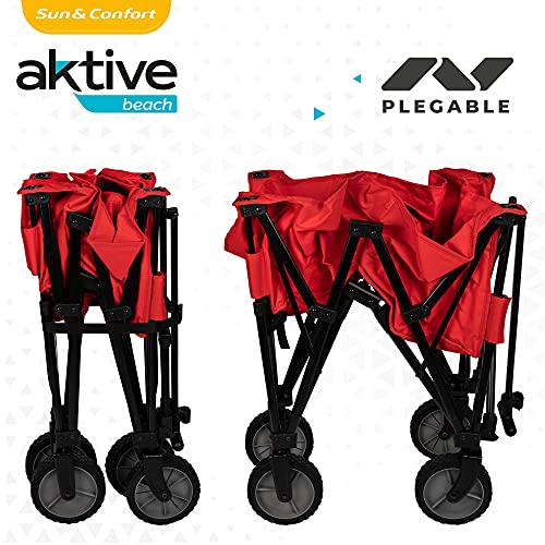 Aktive 62618 - Carro transporte plegable, carro plegable playa, 103x53x117 cm, mango regulable, color rojo, peso máx 50 kg, carrito playa para sombrillas y sillas