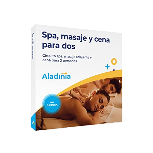 ALADINIA SPA, Masaje y Cena para Dos. Cofre Regalo de experiencias Originales. Pack de Cena, SPA y Masaje para Dos Personas. Bono sin caducidad, Cambios Gratis e ilimitados