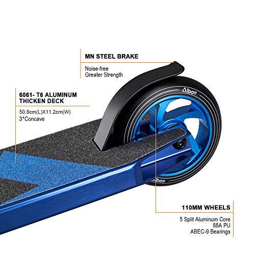 Albott Patinete de Acrobacia Patinete de Trucos y Saltos para Nios y Nias a Partir de 7 aos Ruedas 100mm Rodamientos ABEC-9 , Azul