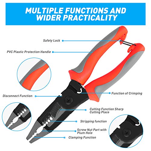 Alicates de electricista 6 en 1 multifunción, alicates pelacables, crimpadora y cortacables, alicates de corte lateral de alto rendimiento de 8 pulgadas
