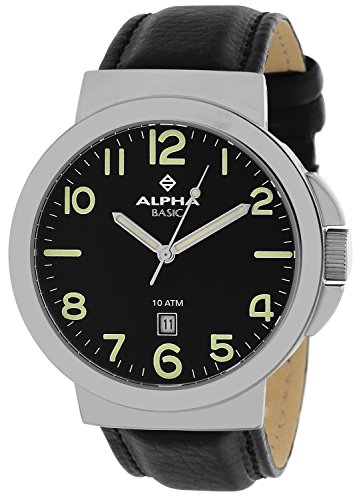 Alpha Saphir Alpha Saphir 123A - Reloj analógico de caballero de cuarzo con correa de piel negra - sumergible a 100 metros