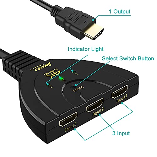 AMANKA HDMI Switch Conmutador HDMI 3D 4K, HDMI Switch 3 en 1 Compatible PS4 PS3 Xbox Switch Chromecast DVD BLU-Ray Decodificador Movistar Receptor Satélite TV