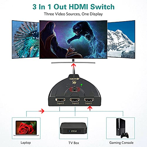 AMANKA HDMI Switch Conmutador HDMI 3D 4K, HDMI Switch 3 en 1 Compatible PS4 PS3 Xbox Switch Chromecast DVD BLU-Ray Decodificador Movistar Receptor Satélite TV