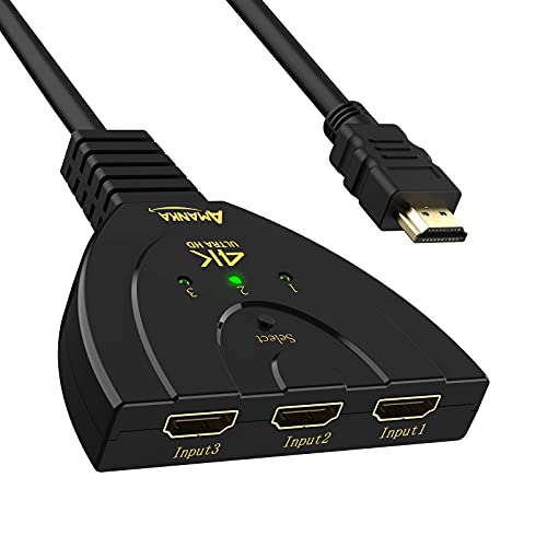 AMANKA HDMI Switch Conmutador HDMI 3D 4K, HDMI Switch 3 en 1 Compatible PS4 PS3 Xbox Switch Chromecast DVD BLU-Ray Decodificador Movistar Receptor Satélite TV