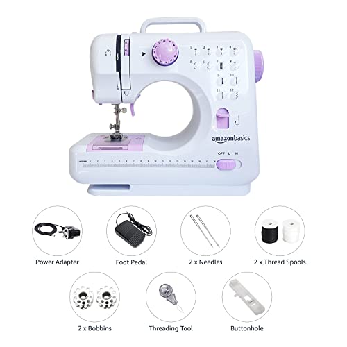 Amazon Basics – Máquina de coser doméstica portátil de 12 puntadas, tamaño mediano y 2 velocidades