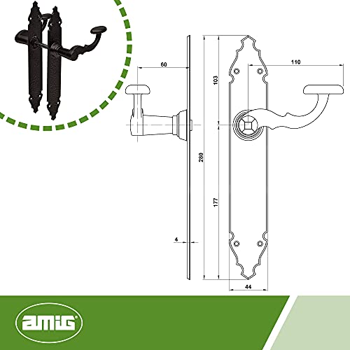 Amig - 6100 Juego de manillas rústicas Modelo 100P | Placa de acero y tirador de zamak | Color negro | 280x45x3,5mm