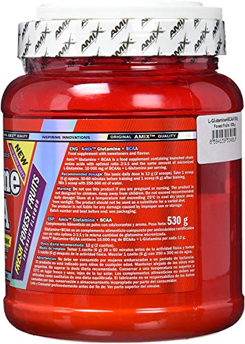 AMIX - Bcaa Glutamina - 530 Gramos - Complemento Alimenticio de Glutamina en Polvo - Reduce el Catabolismo Muscular - Óptimo para Deportistas - Sabor Frutas del Bosque - Aminoácidos Ramificados