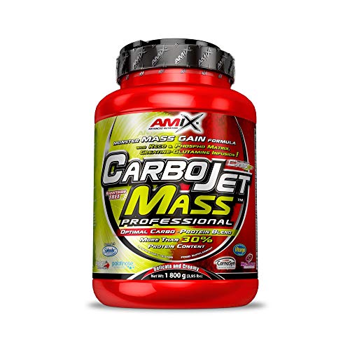 AMIX - Complemento Alimenticio - Carbojet Mass Professional - Carbohidratos y Proteínas para Aumentar la Masa Muscular - Concentrado Proteína de Suero - Recuperador Muscular - Fresa y Plátano - 1,8 KG