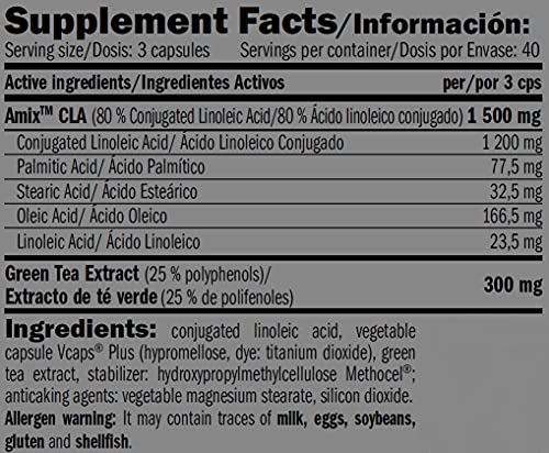 AMIX - Complemento Alimenticio - CLA 1200 - 120 Comprimidos - Sin Estimulantes - Suplemento con Ácido Linoleico y Té Verde - Potente Antioxidante - Quemador de Grasa